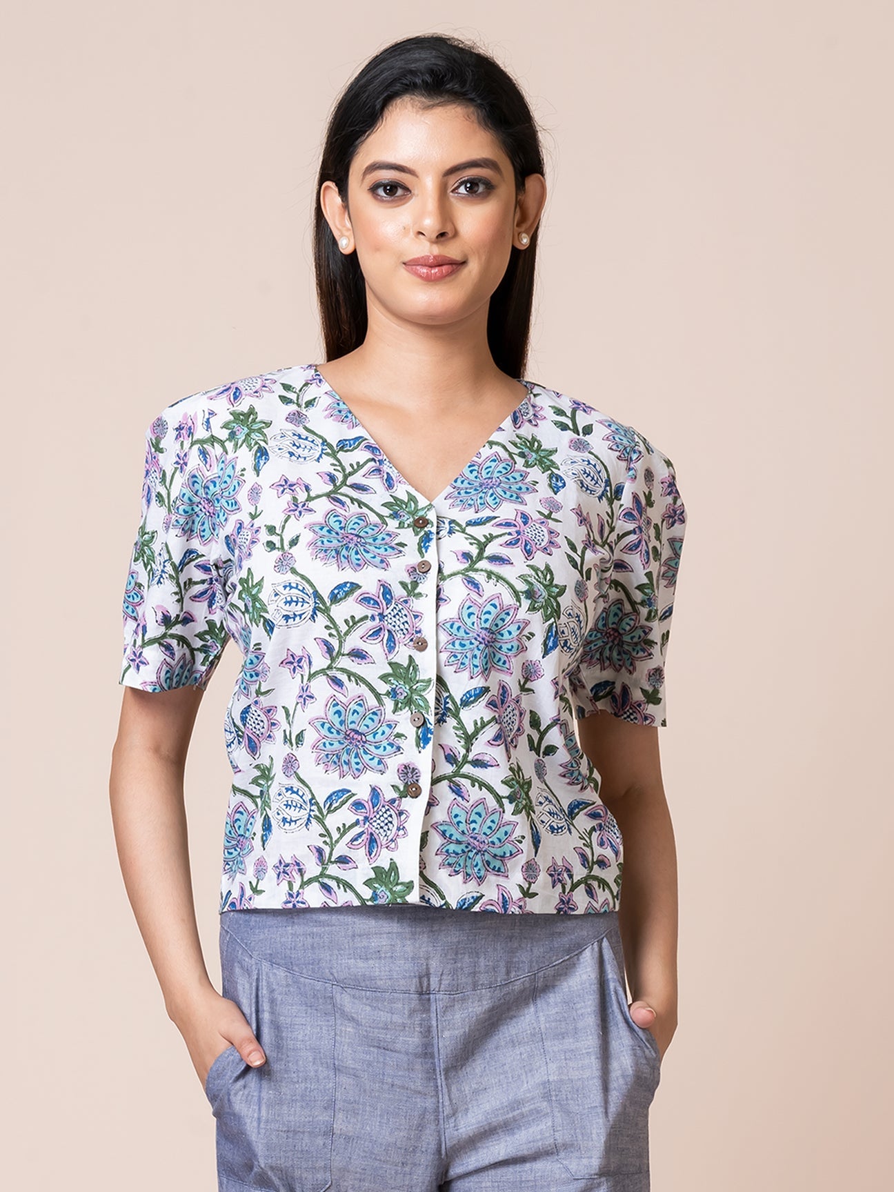BLUESTAR - OCAU Basic Self Designed Printed Cotton Button Down Top