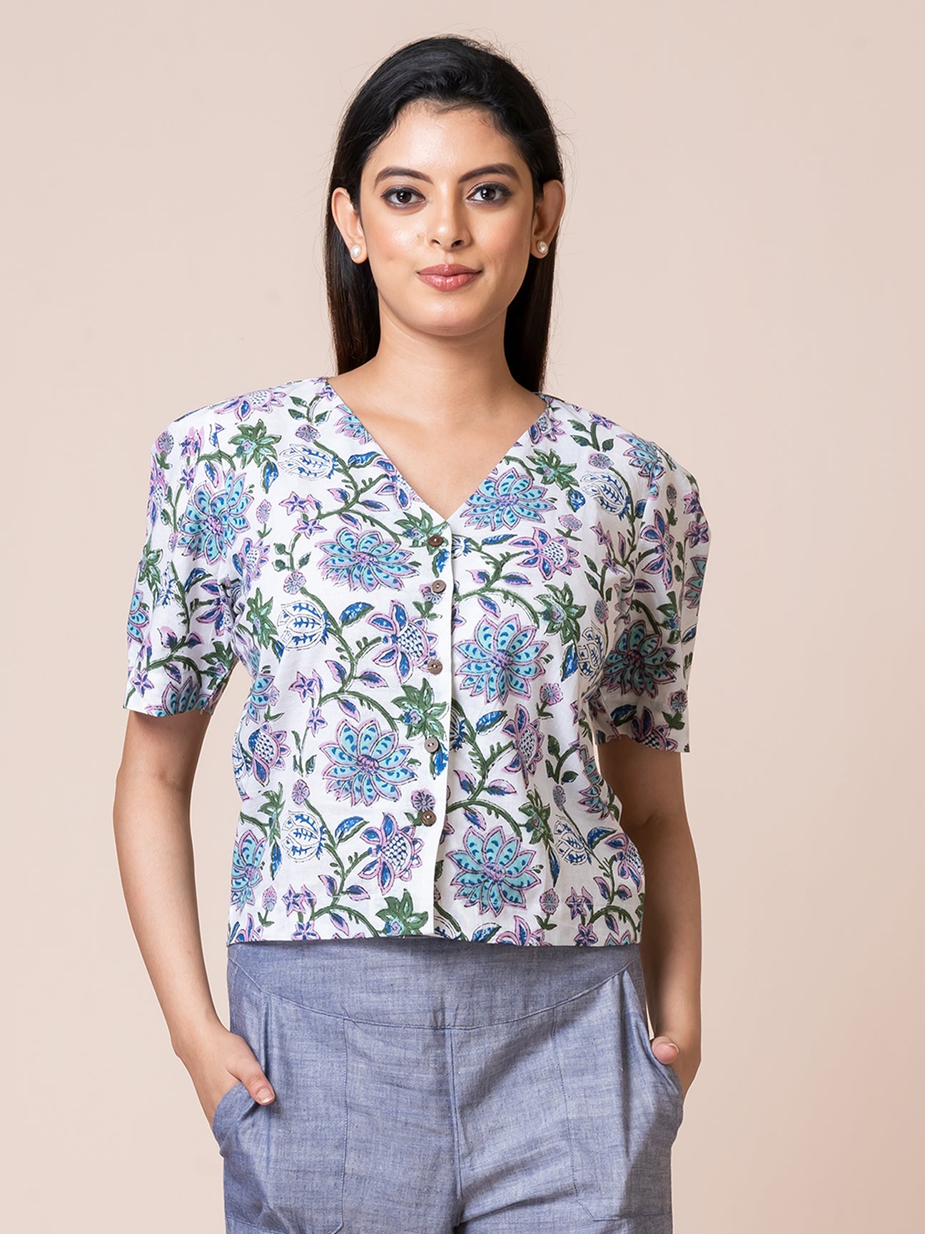 Bluestar - OCAU Basic Self Designed Block Printed Cotton Button Down Top