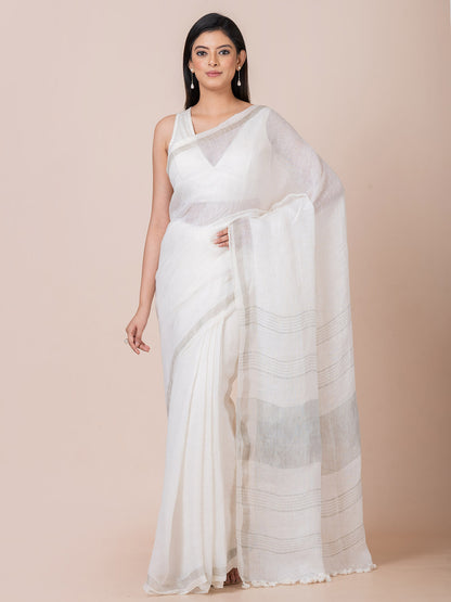 Ivory Breeze - Pure Linen Solid Saree With Zari Border || White