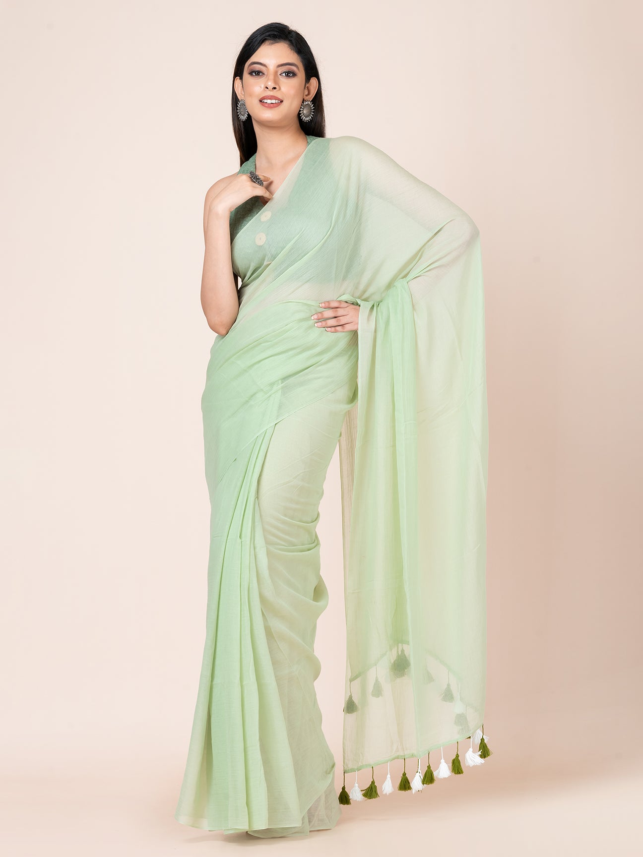 Pista - Pure cotton solid saree with tassels || Pistachio Green