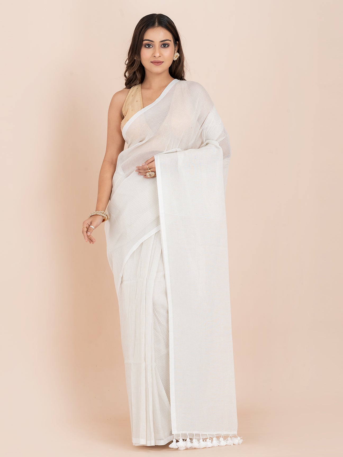 Snow Veil - Pure Cotton Striped Saree With Metallic Zari || White