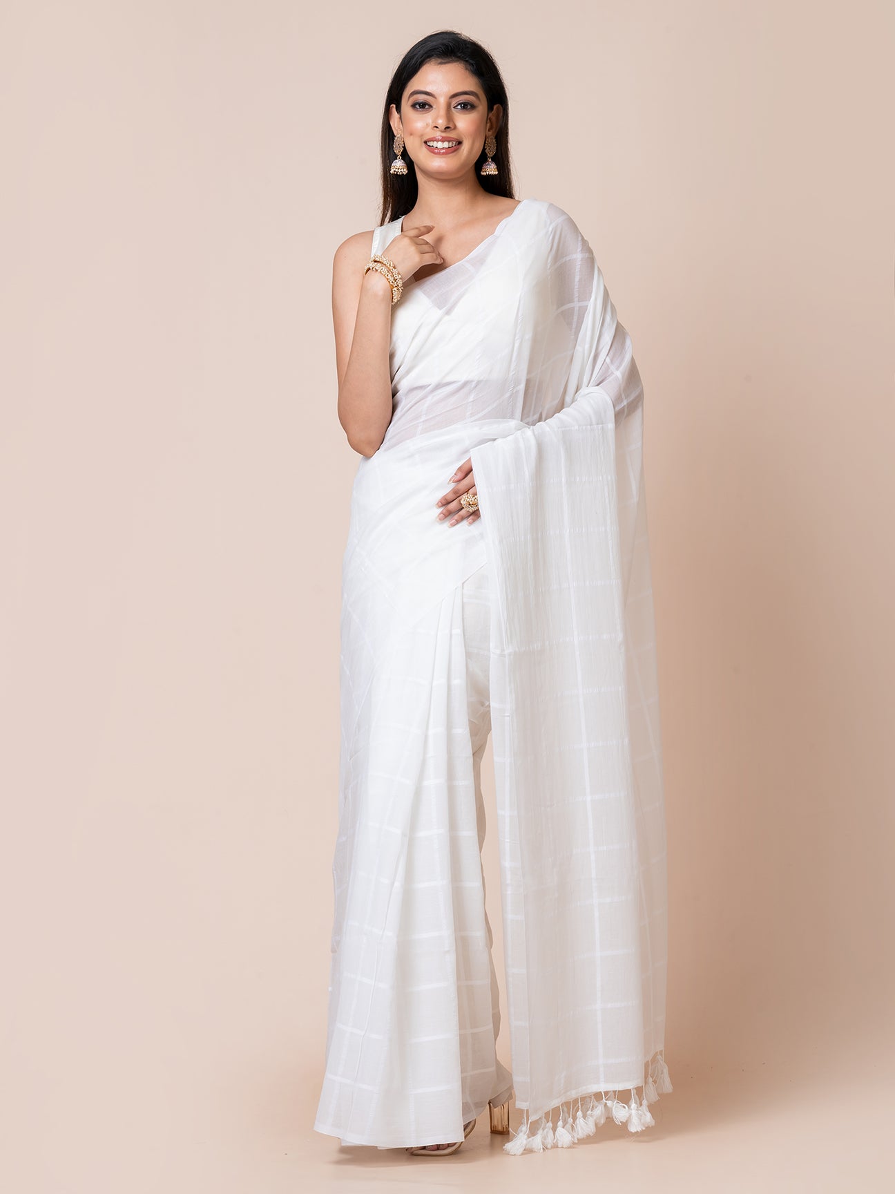 Milky Silk - Pure Cotton Checkered Saree || White