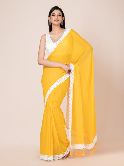 Daisy Delight - Pure cotton solid saree with lace border || Yellow