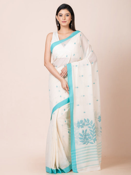 Bengal Snow - Pure Cotton Saree With Jamdani Motifs || White