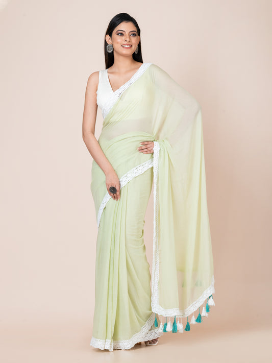 Mint Blossom - Pure cotton solid saree with lace border || Pistachio Green