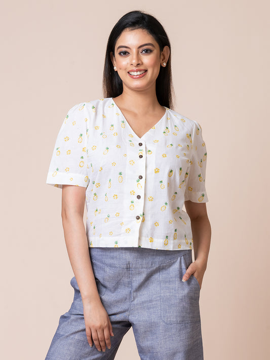 Pineapple - OCAU Basic Self Designed Block Printed Cotton Button Down Top