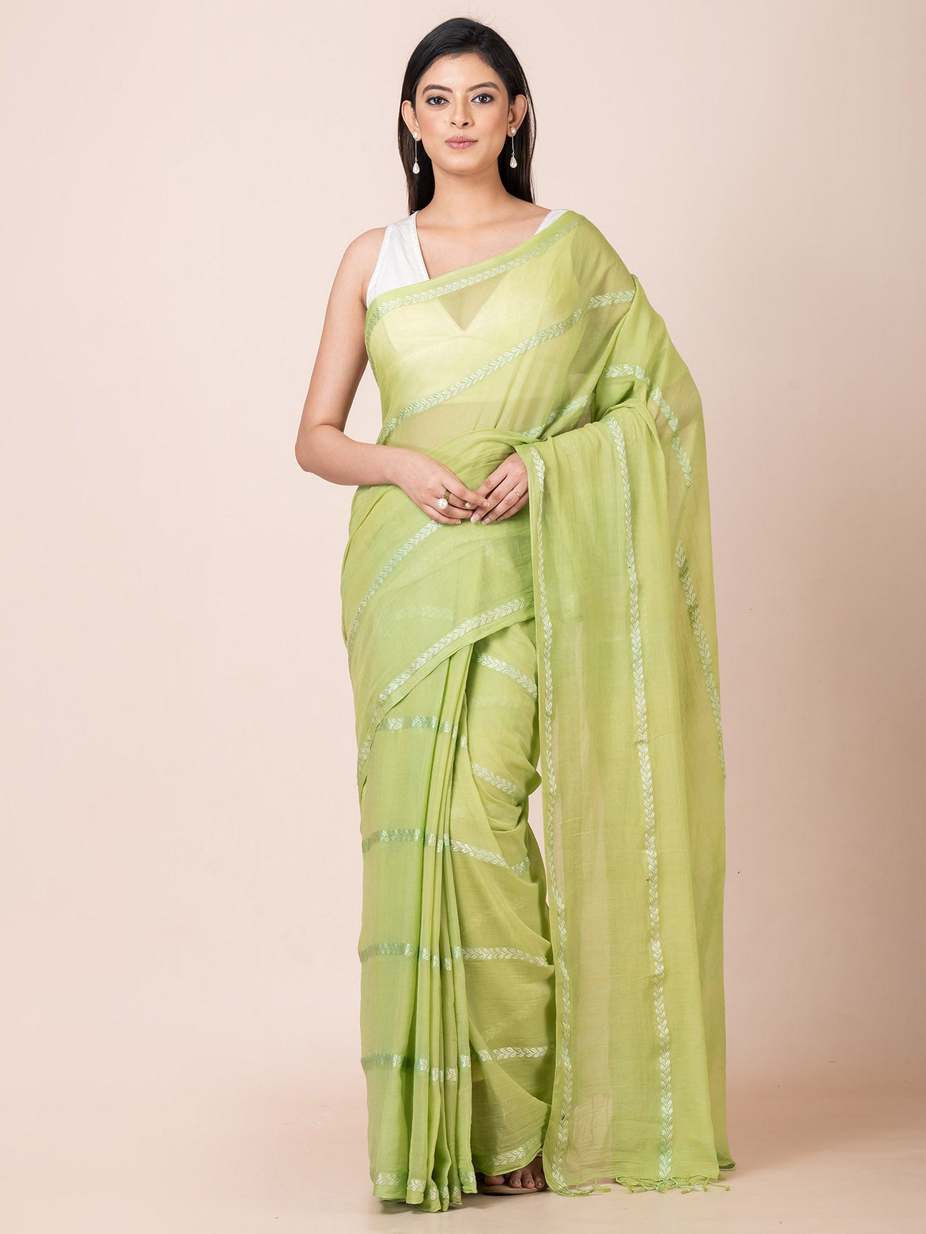 Pearl Pista - Pure Cotton Saree With Zari Stripes || Pista Green