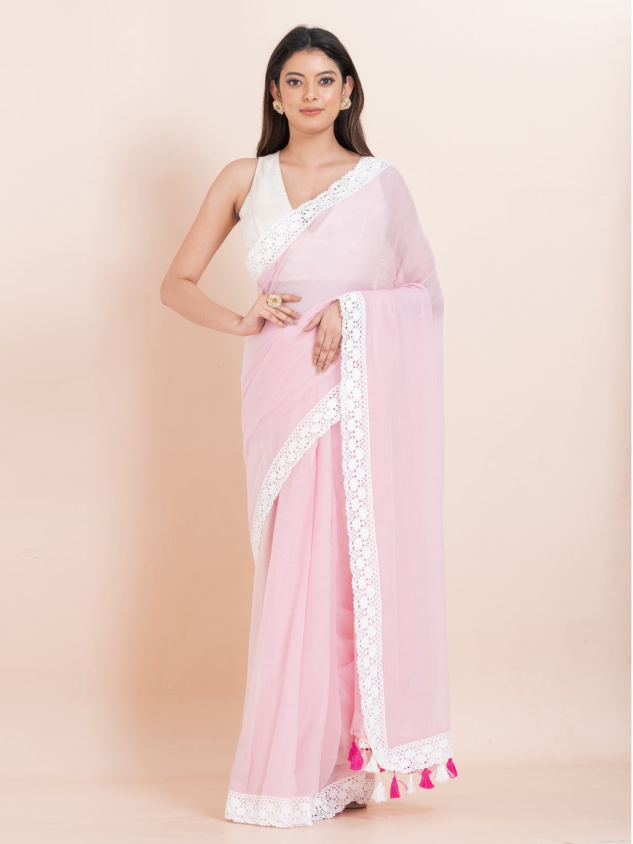 Gulabi Grace - Pure cotton solid saree with lace border || Bubblegum