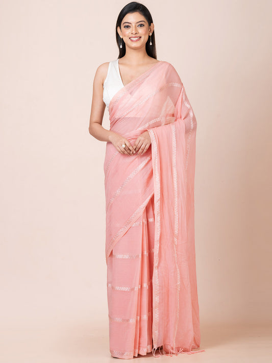 Sunset Glow - Pure Cotton Saree With Zari Stripes  || Coral