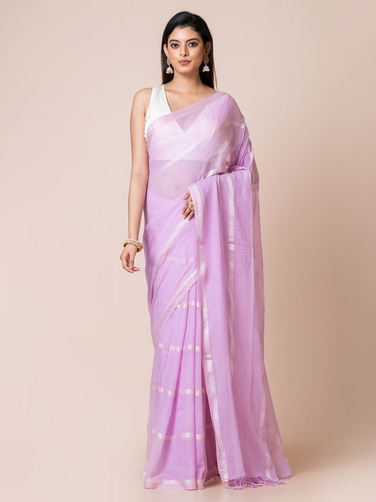 Lily - Pure Cotton Saree With Zari Stripes || Light Purple