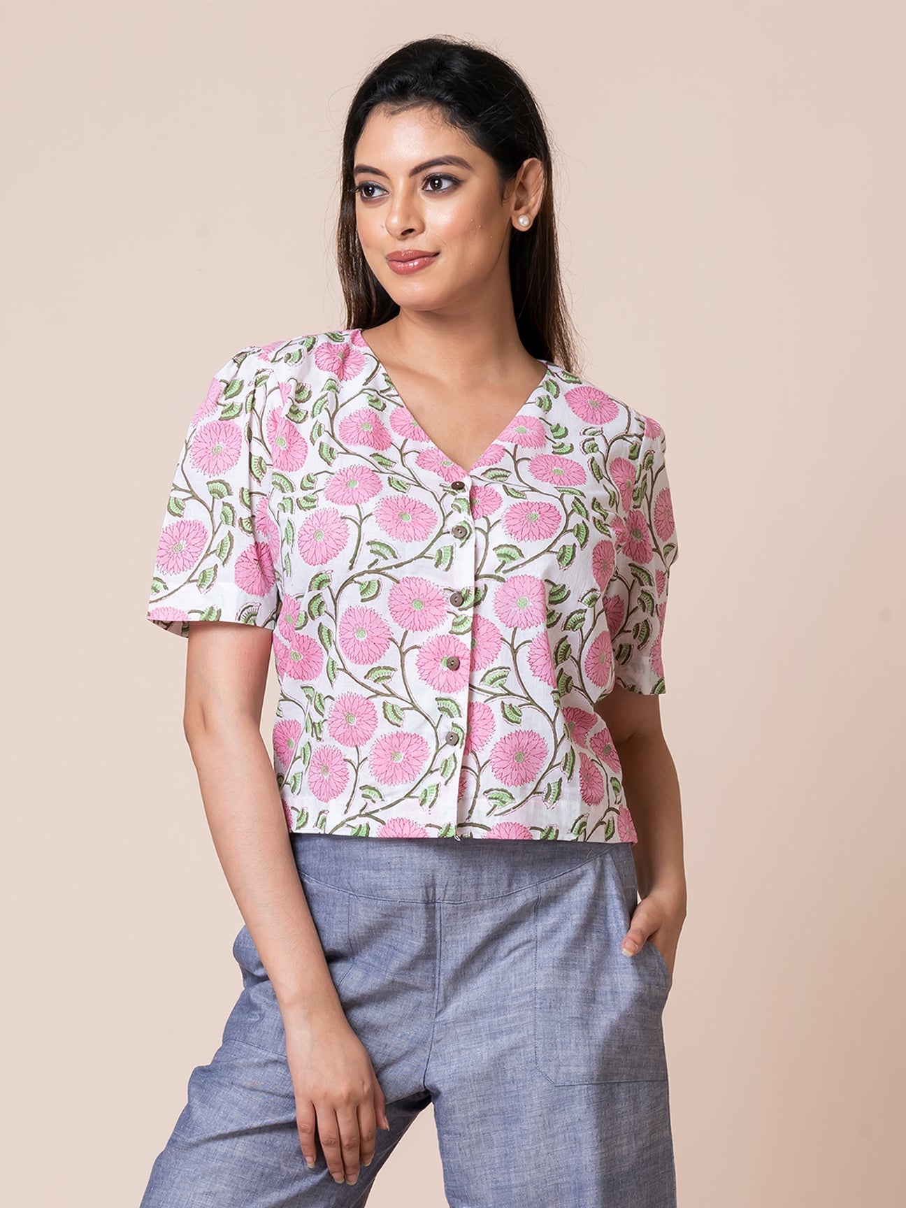 CARNATION OCAU Basic Self Designed Printed Cotton Button Down Top