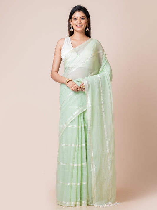 Turquoise Tranquil - Pure Cotton Saree With Zari Stripes || Light Turquoise