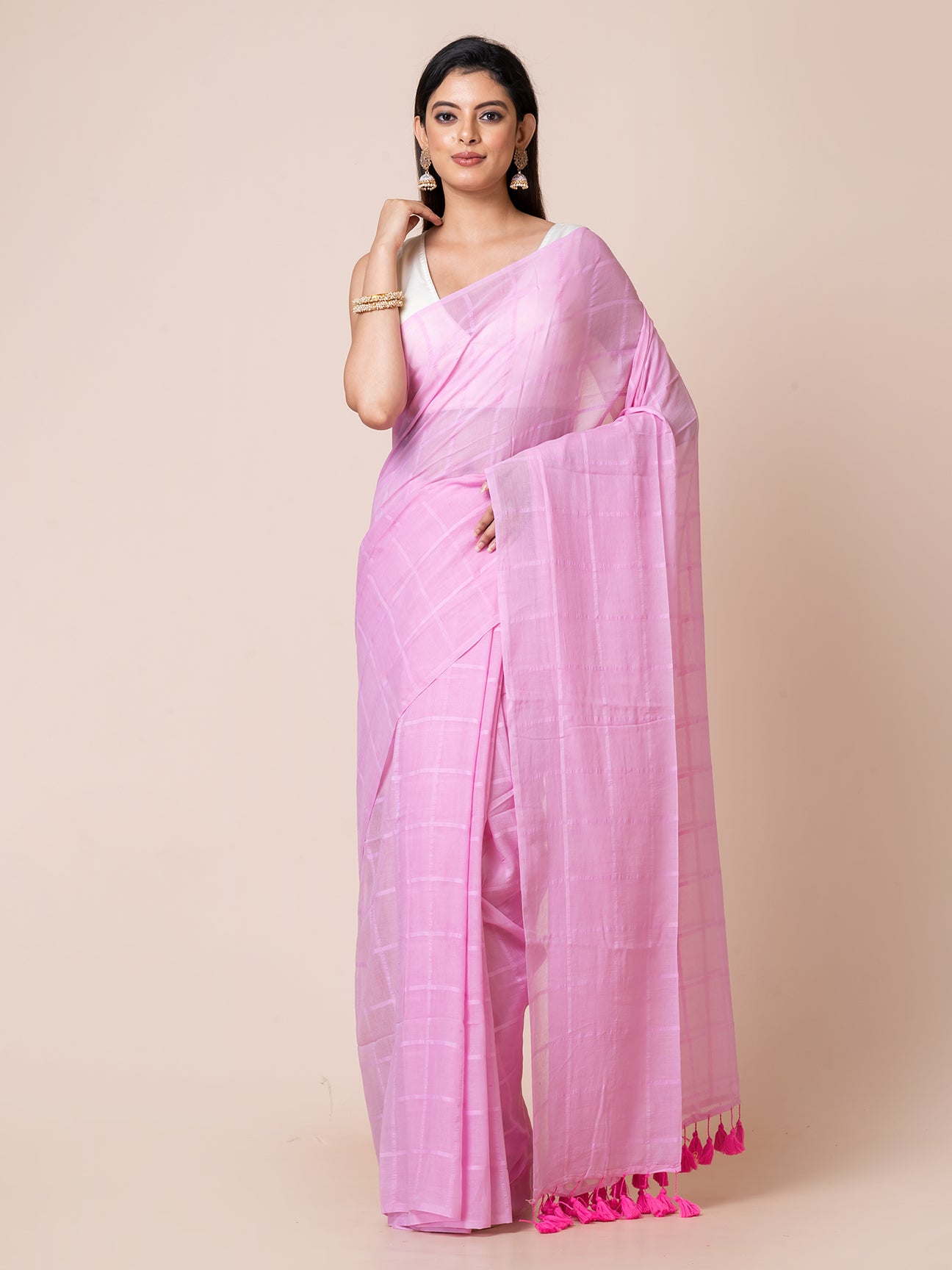 Berry Blush - Pure Cotton Checkered Saree || Pink