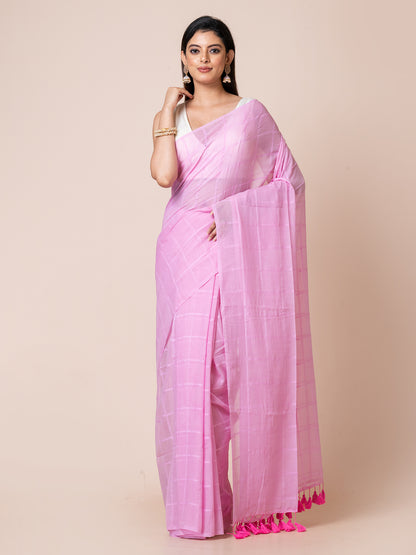 Berry Blush - Pure Cotton Checkered Saree || Pink