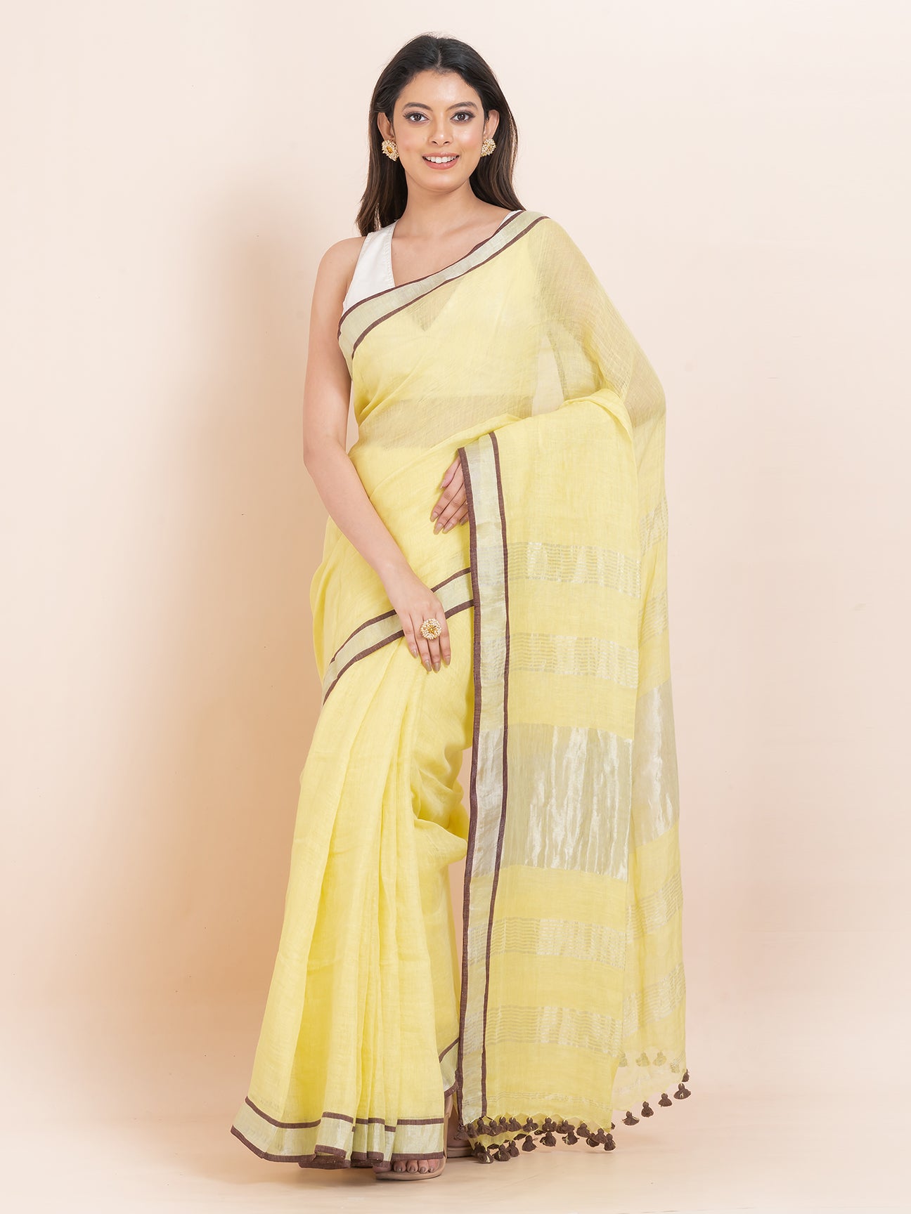 Saffron Kiss - Pure Linen Solid Saree With Contrast Border || Golden Ochre