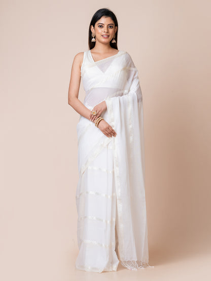 Snowdrop - Pure Cotton Saree With Zari Stripes || White