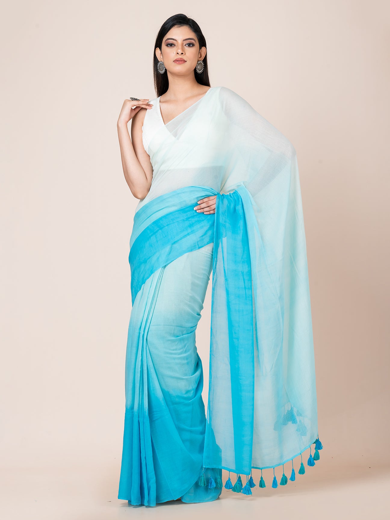 Blue Mirage - Pure cotton solid shaded saree with tassels || Sky Blue