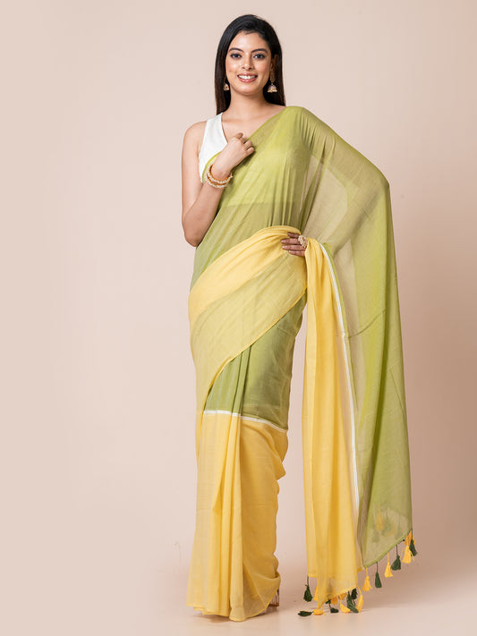 Lemon Charm - Pure cotton solid  saree with tassels ||  Yellow and Green