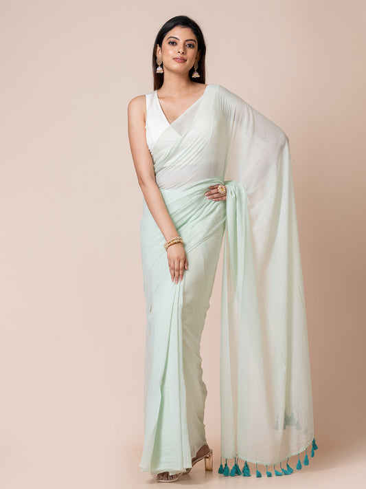 Hyacinth - Pure cotton solid saree with contrast tassels || Light Aqua