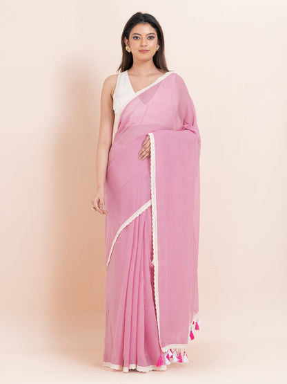 Blush Bloom - Pure cotton solid saree with lace border || Blush