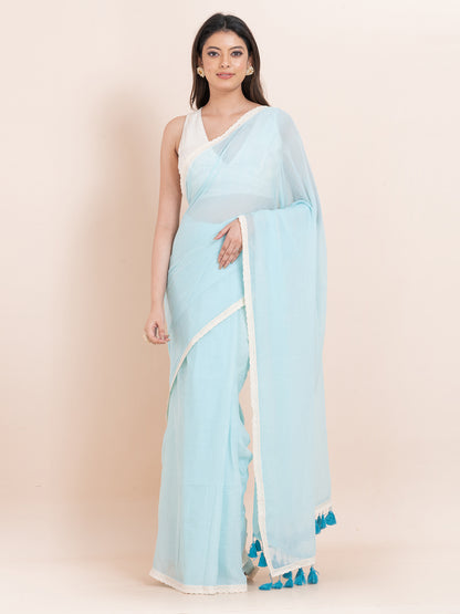 Cloud Kiss - Pure cotton solid saree with lace border || Sky Blue