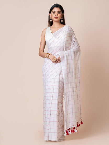 Ivory Dream - Pure Cotton Checkered Saree || White and Red