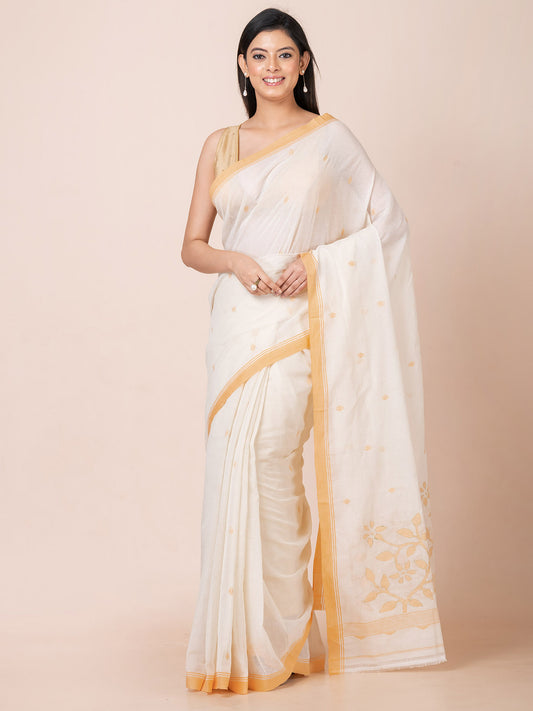 Vanilla Charm - Pure Cotton Saree With Jamdani Motifs || Off - white