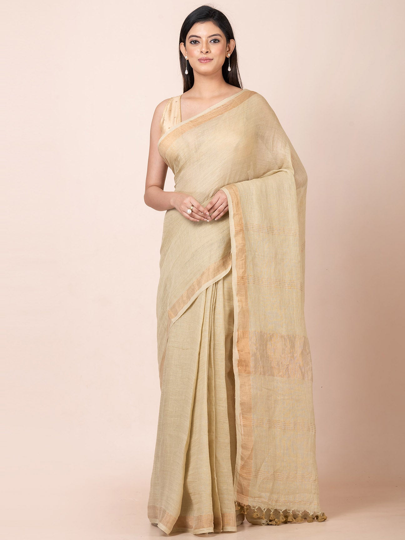 Desert Bloom - Pure Linen Solid Saree With Zari Border || Tan