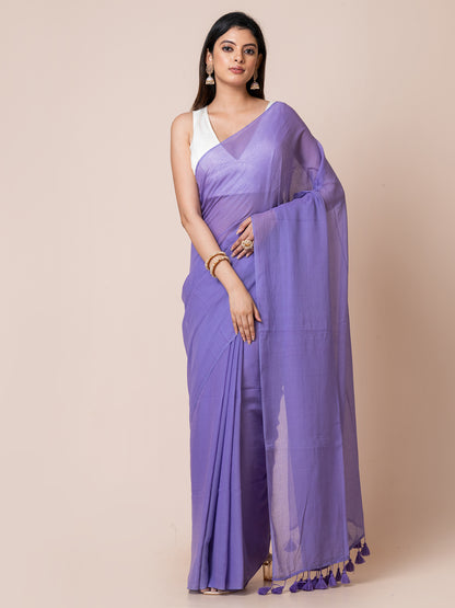 Bluebells - Pure cotton solid saree with  contrast tassels || Dusty Blue