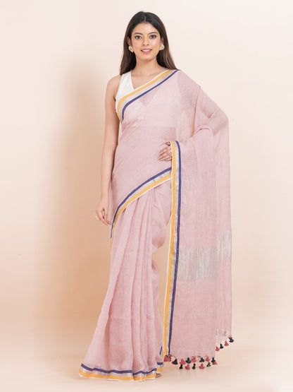 Rosy Bliss - Pure Linen Solid Saree WithContrast Border || Rose Pink