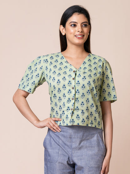 Green Star - OCAU Basic Self Designed Block Printed Cotton Button Down Top