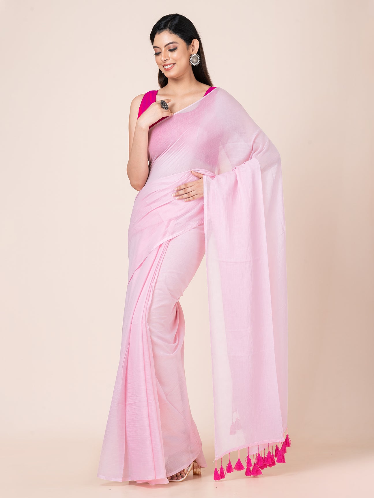 Bush Pink - Pure cotton solid saree with tassels || Pink