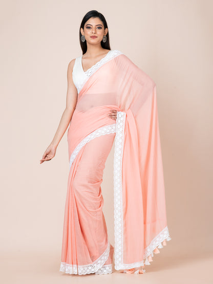 Peach Blossom - Pure cotton solid saree with lace border || Peach