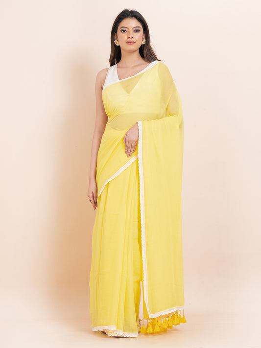 Amber Dew - Pure cotton solid saree with lace border || Yellow