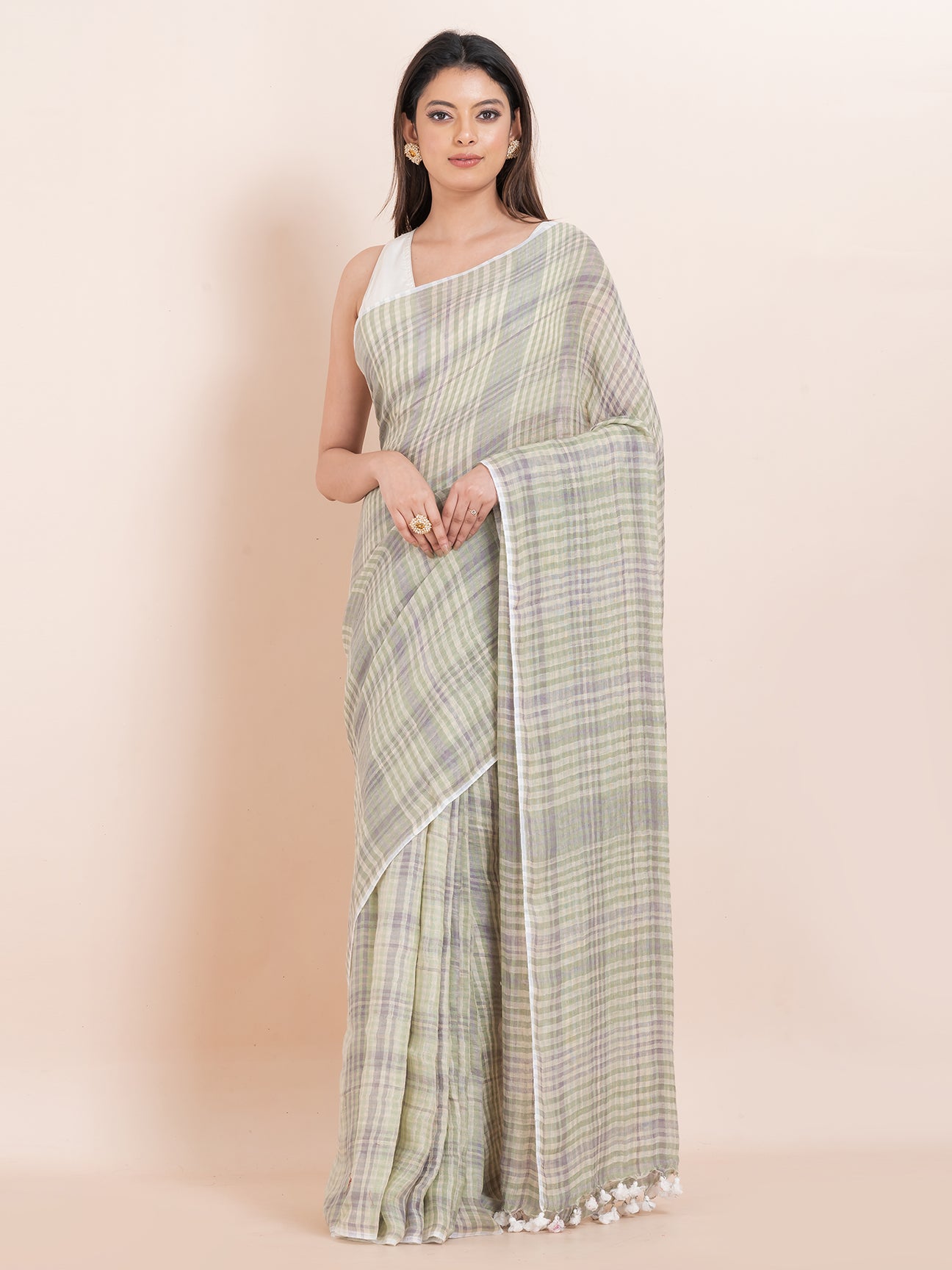 Silver Cascade - Pure Linen Striped Saree  || Grey