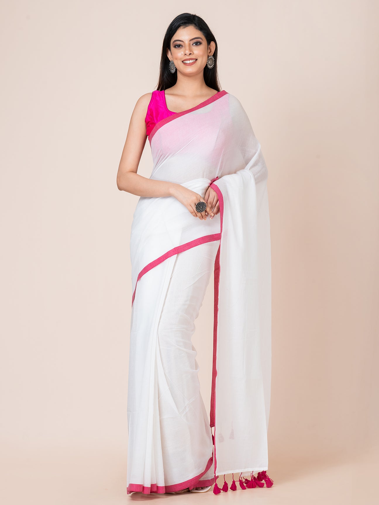 Daisy - Pure cotton solid saree with contrast border and contrast tassels || White