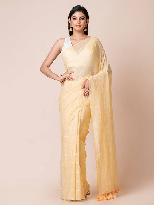 Marigold Magic - Pure Cotton Checkered Saree || Beige