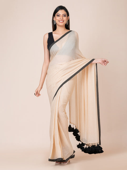 Mocca Beige - Pure cotton solid saree with contrast border and contrast tassels || Beige