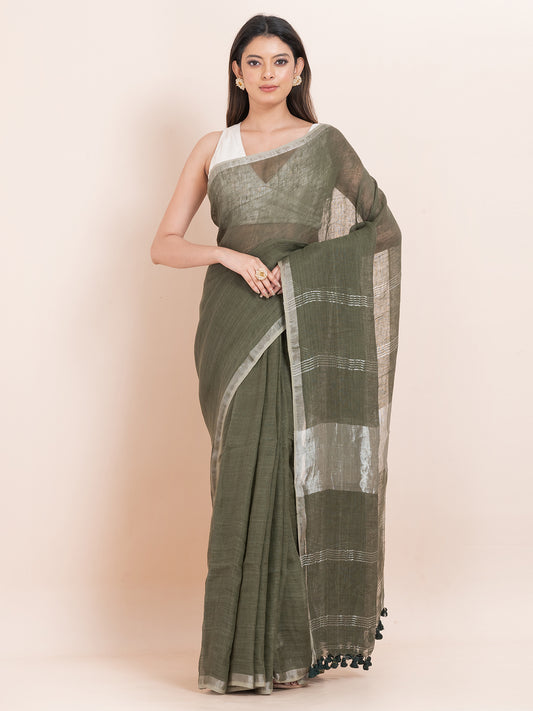 Forest Wishpers - Pure Linen Solid Saree With Contrast Border  || Avocado