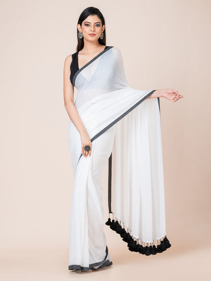 Peony - Pure cotton solid saree with contrast border and contrast tassels || White