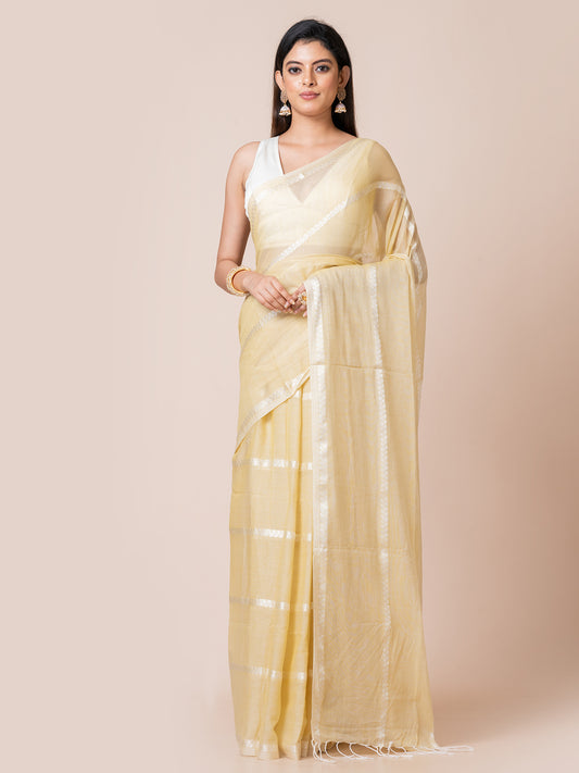 Mimosa Magic - Pure Cotton Saree With Zari Stripes || Pastel Yellow