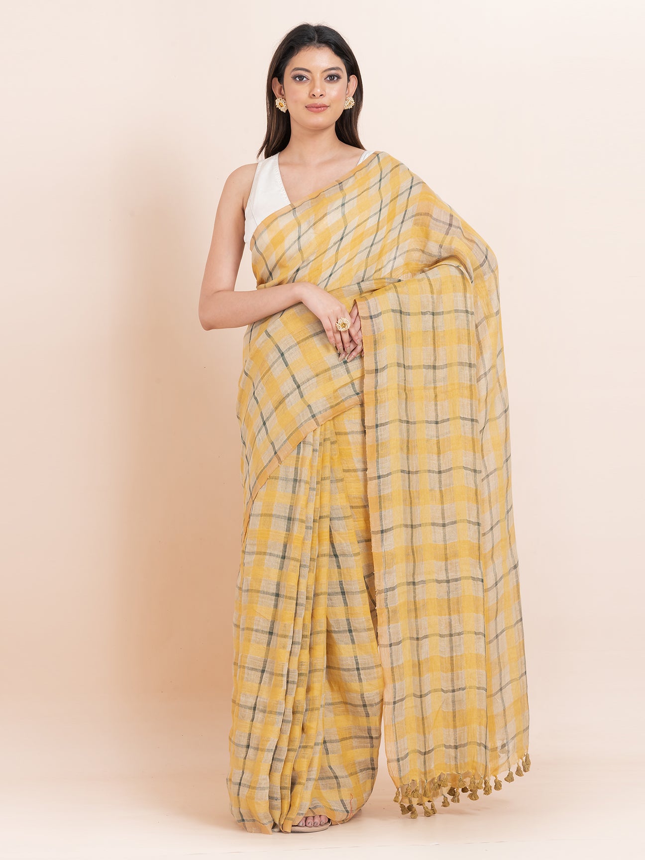 Caramel Bliss - Pure Linen Striped Saree  ||  Tan