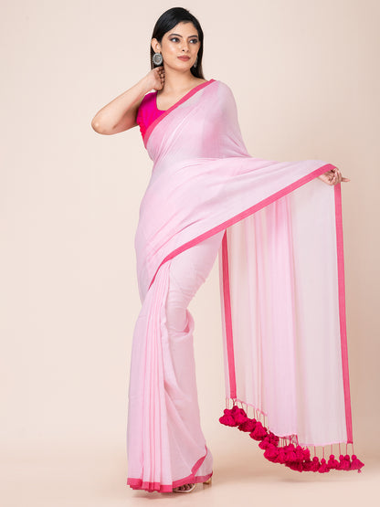 Rosa - Pure cotton solid saree with contrast border and contrast tassels || Pink