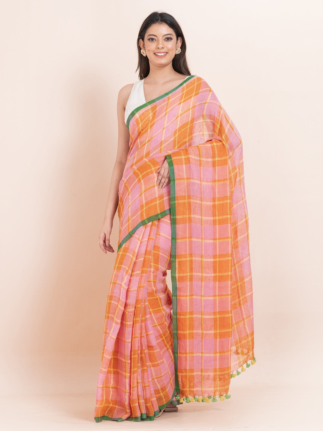 Citrus Dream - Pure Linen Striped Saree  || Tangerine