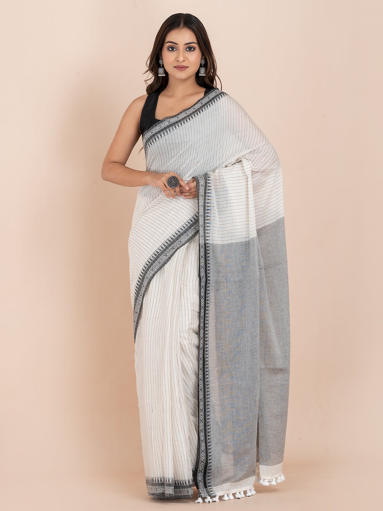 Shadow Stripes - Pure Cotton Striped Saree || Grey