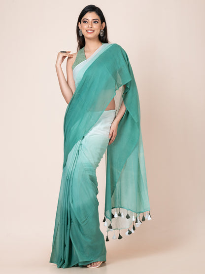 Serene Teal - Pure cotton solid shaded saree with tassels || Teal