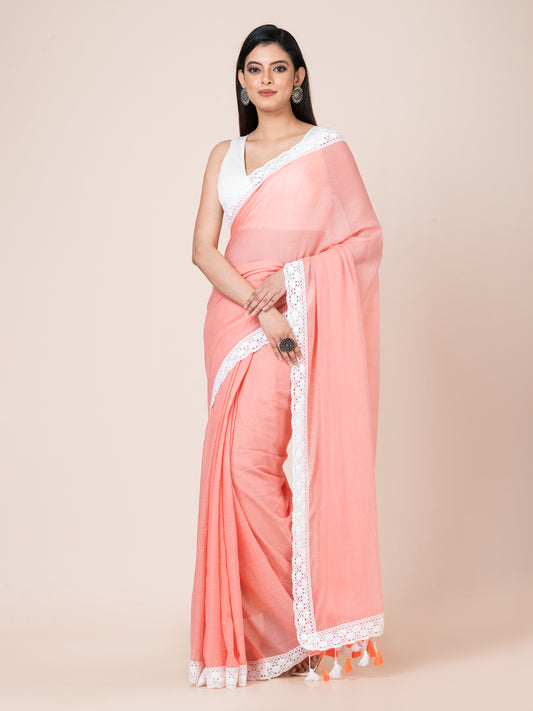 Amber Rose - Pure cotton solid saree with lace border || Coral