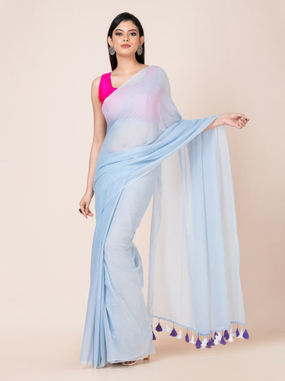 Iris - Pure cotton solid saree with tassels || Sky Blue