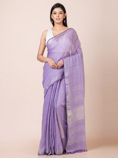 Blue Oasis - Pure Linen Solid Saree With Zari Border || Dusty Blue