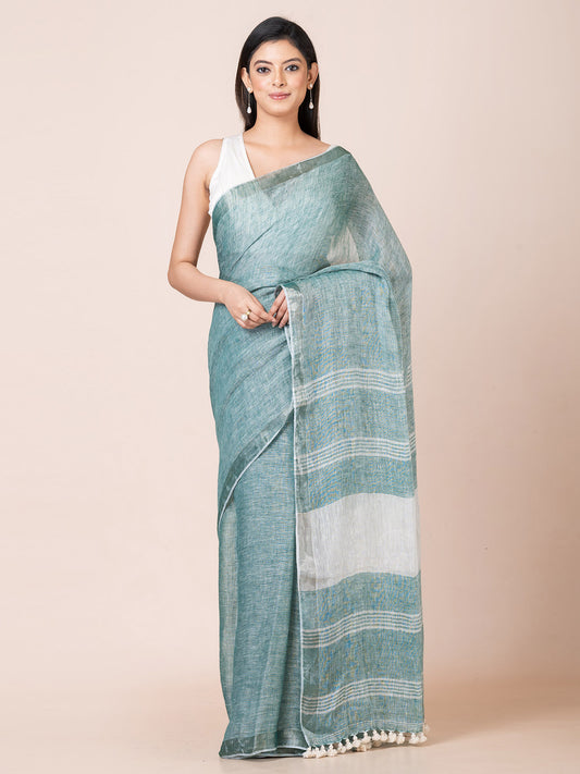 Ocean Mist - Pure Linen Solid Saree With Zari Border || Teal